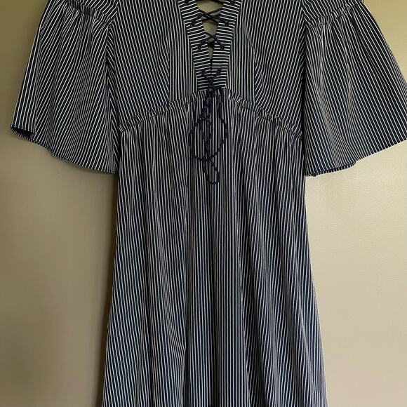 LA LIGNE La Boheme Dress Striped Lace Up Maxi Navy Blue Size XS Tiered Flouncy‎ - Picture 8 of 16